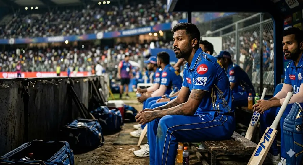 Hardik Pandya looking stressed in the Mumbai Indians dugout during IPL 2026.