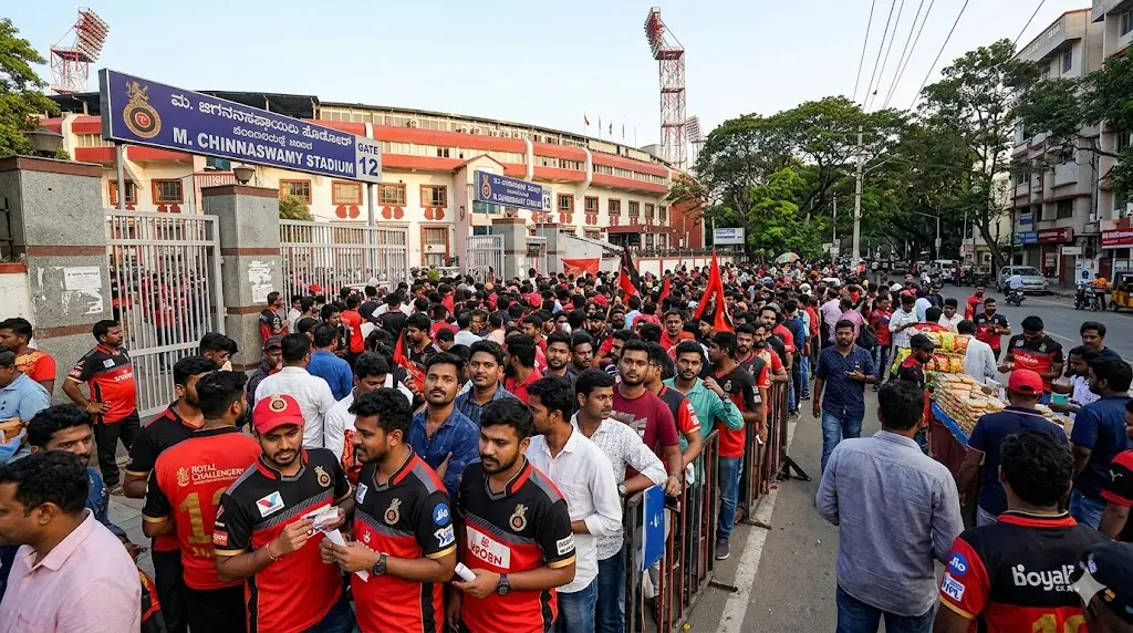 Authentic crowd waiting eagerly outside the M Chinnaswamy Stadium in Bengaluru.